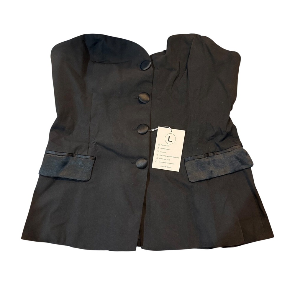 Black Strapless Corset‎ Top Jacket Style Buttons Satin Trim Size L